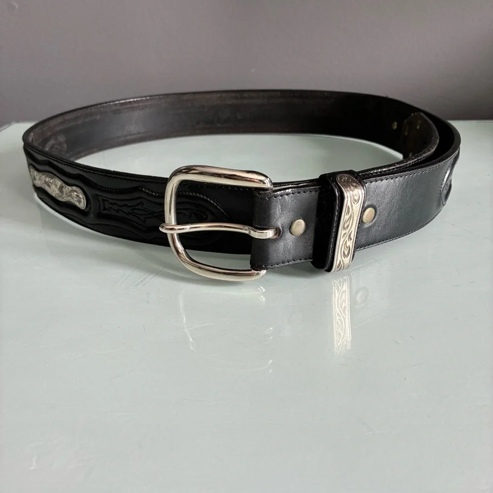 Western Black Leather Men’s Belt with Silver Accents Size 36